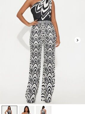 Fashion Nova Black & White One-Shoulder Wide-Leg Jumpsuit